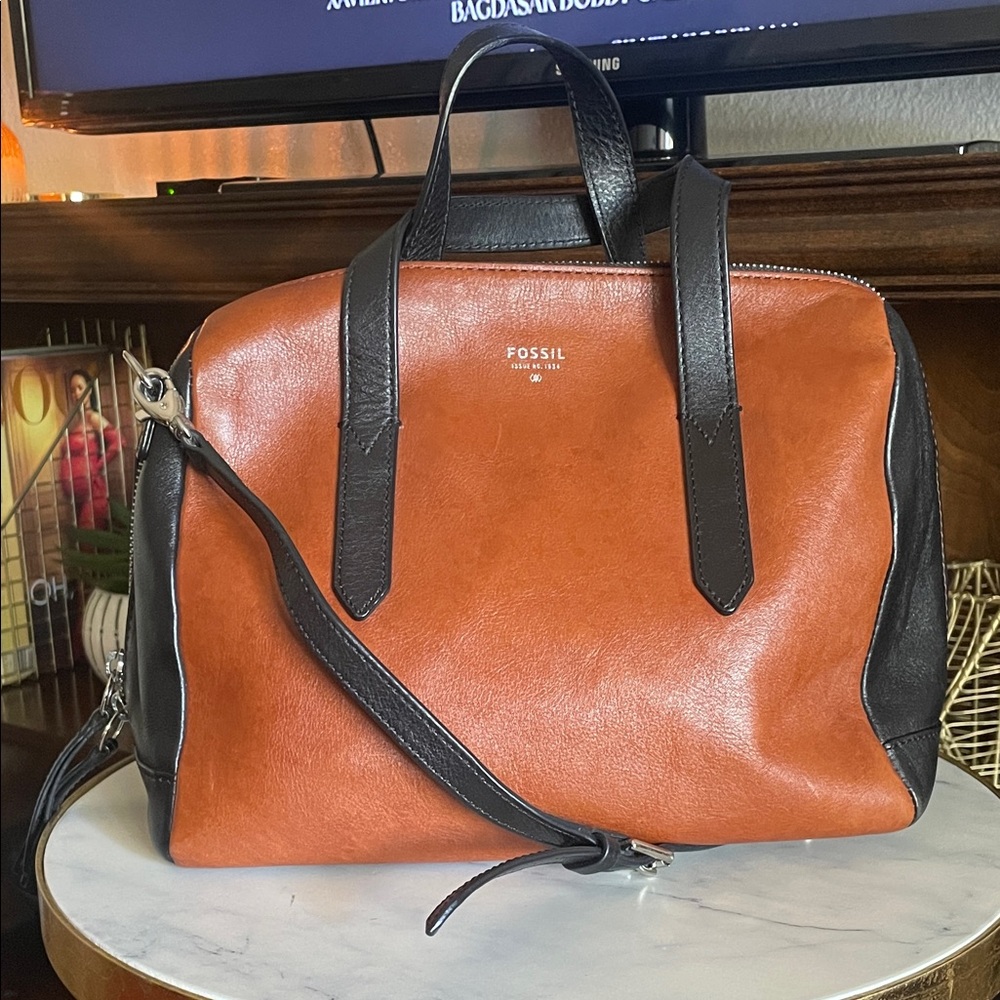 Fossil Unisex Cognac & Black Leather Satchel